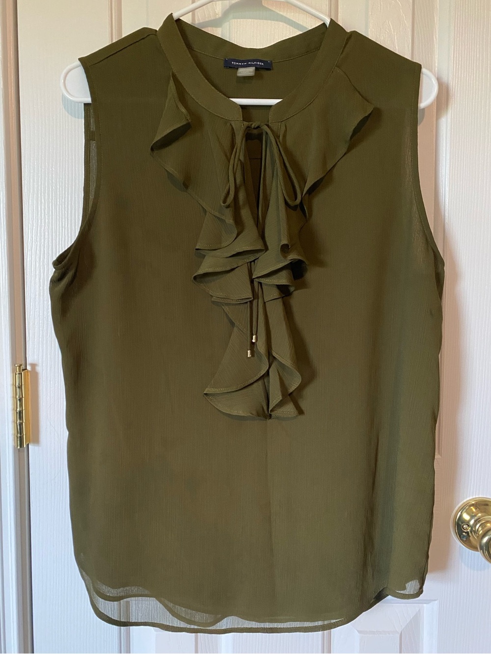 Tommy Hilfiger Olive Green Ruffle Neck Sleeveless Blouse Size Large